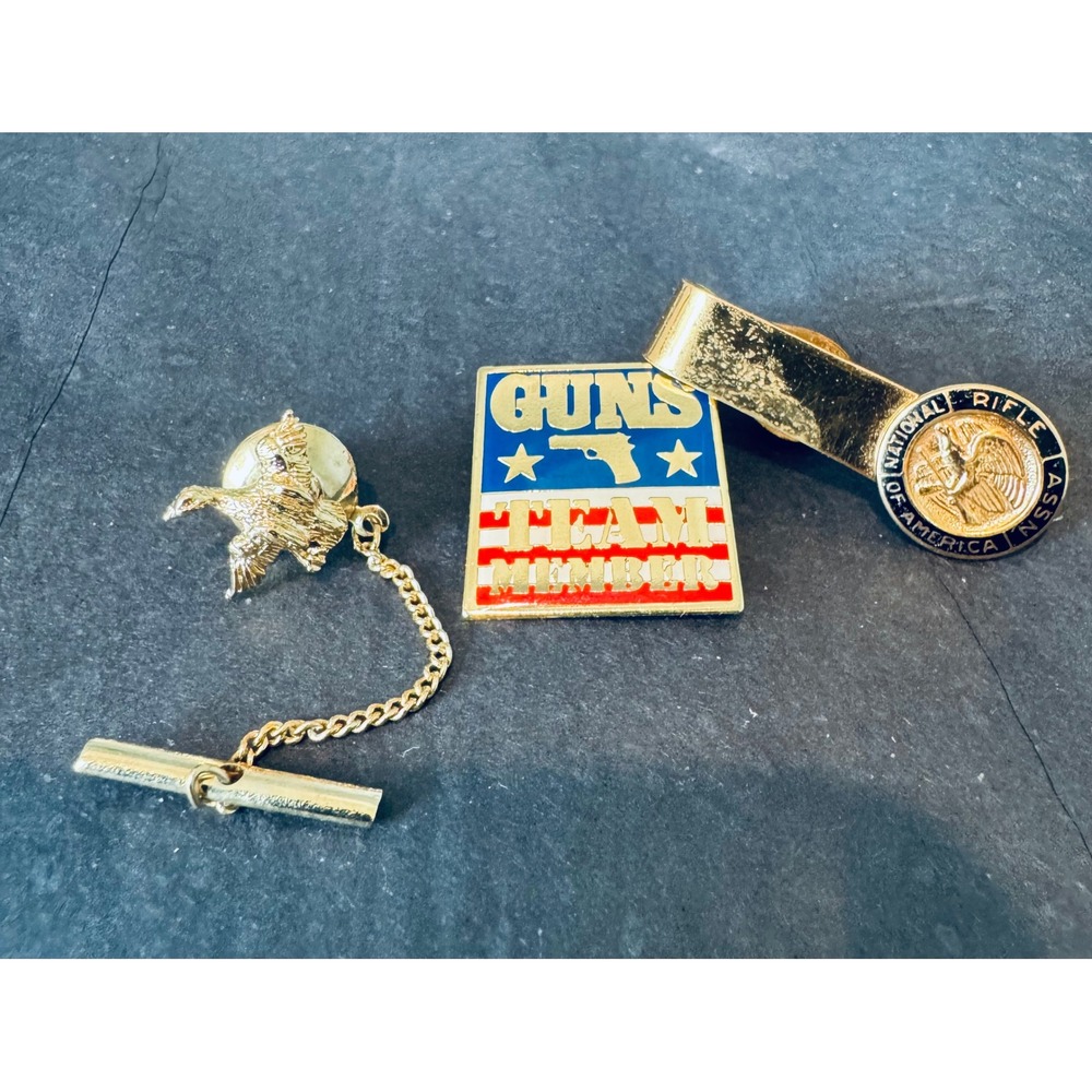 Vintage NRA Tie Clip GUNS Team Member Pin and Duck Tie Tack Gold Tone Set 3pc